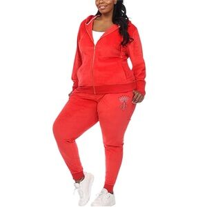 Y2K Inspired Red Velour Hoodie Track Set L Loungewear Rhinestone Embellish Comfy